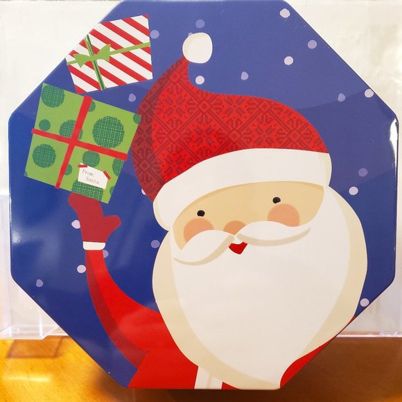 CHRISTMAS COOKIE TIN - SANTA has a GIFT FOR YOU - WALGREEN'S OCTAGONAL 8.5" X 3" - Picture 1 of 5